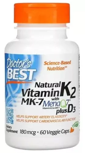 Doctors Best Natural Vitamin K2 MK7 with MenaQ7 plus D-3 180mcg 60 Capsules 60 Kapszula