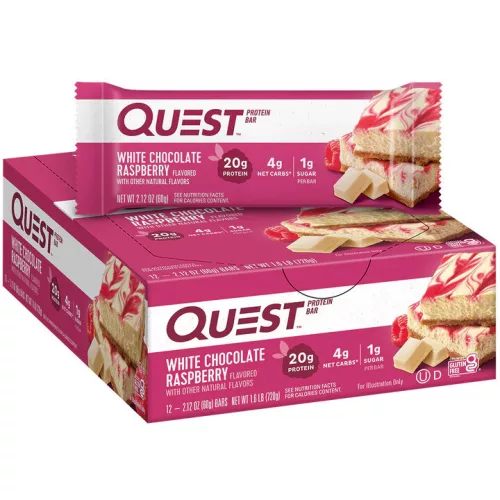 Quest Nutrition Karton Quest Bar 12x60g White Choc Raspberry (Fehércsokoládé Málna) EXP.:2026/05/08