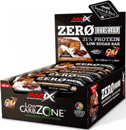 AMIX Karton Low-Carb ZeroHero 31% Protein Low Sugar Bar 15x65g Choco Coconut (Csokoládé Kókusz) EXP.:2025/12/31