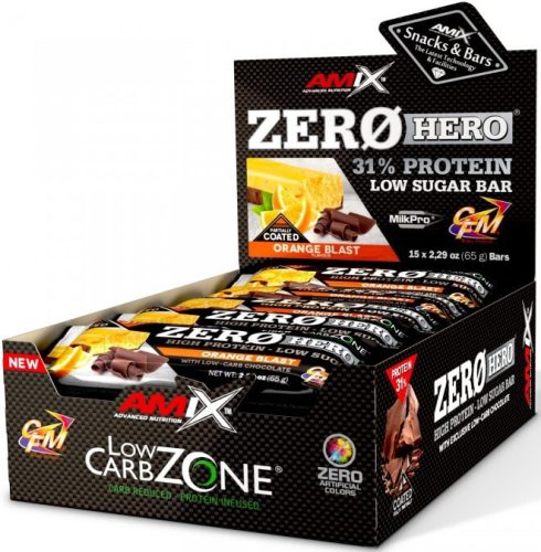 AMIX Karton Low-Carb ZeroHero 31% Protein Low Sugar Bar 15x65g Orange Blast (Narancs) EXP.:2025/11/30
