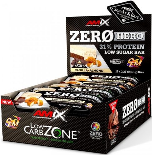 AMIX Karton Low-Carb ZeroHero 31% Protein Low Sugar Bar 15x65g Vanilla Almond (Vanília Mandula) EXP.:2025/08/31